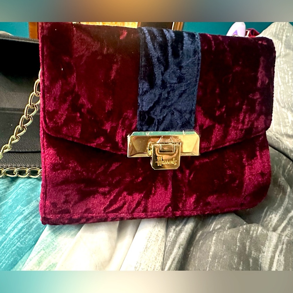 Maroon velvet and nay velvet striped bag. Gold buckle and chain detailing.